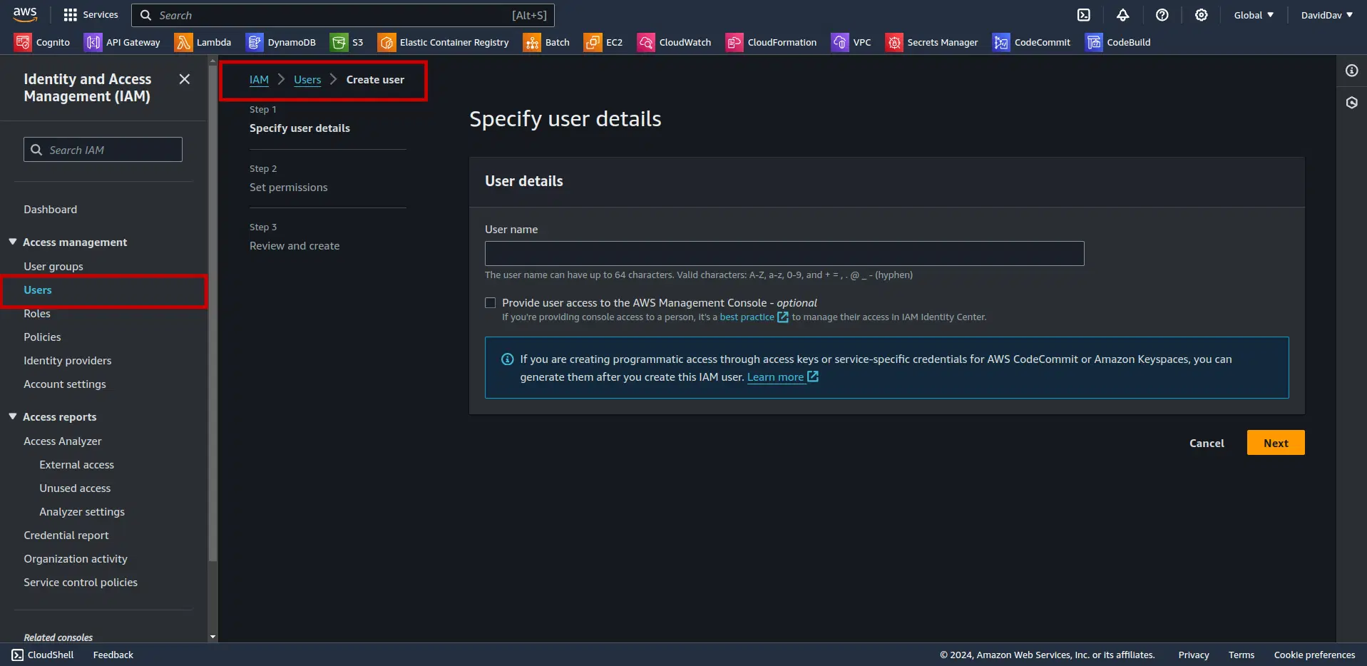 Create User IAM AWS